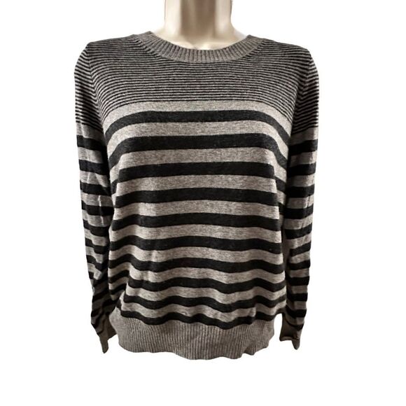 J. Crew ~ Black and grey striped crew neck sweater ~ merino wool blend ~ size M - Picture 1 of 10